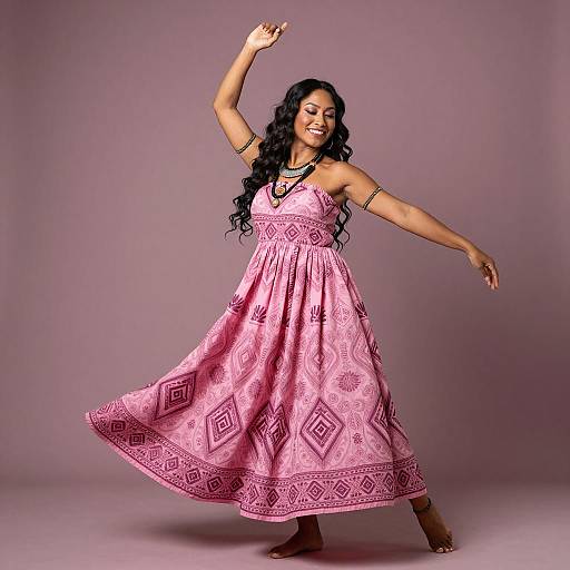 Maori Woman Dancing in Pink Dress