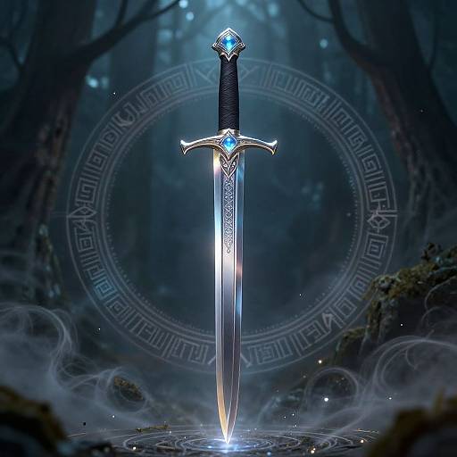 Mystical sword with glowing blue gem and intricate hilt, centered in foggy forest, illuminated by moonlight. Digital art.