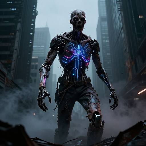 Cyborg soldier with glowing blue neon chest emblem stands in ruins of a foggy, dark urban cityscape. Digital artwork.