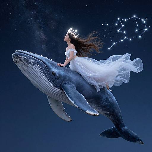 Fantastical digital artwork of a crowned, long-haired woman in a flowing white dress riding a blue whale through a starry, cosmic night sky.