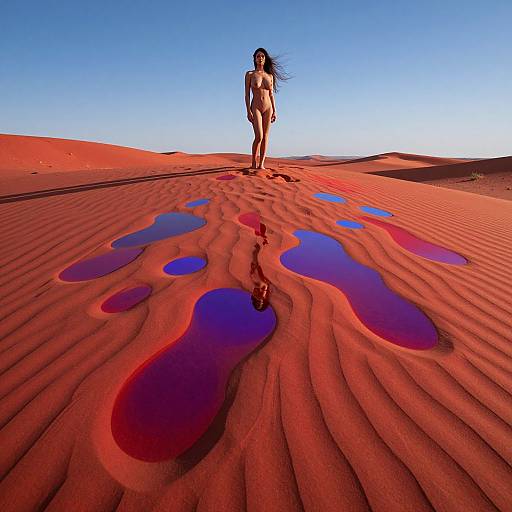 Nude woman walks on vibrant red sand dunes with reflective water pools, under a clear blue sky. Photograph.
