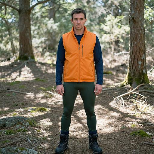 Photograph of a muscular man with short dark hair, wearing an orange vest, dark shirt, green pants, and black boots, standing in a sun