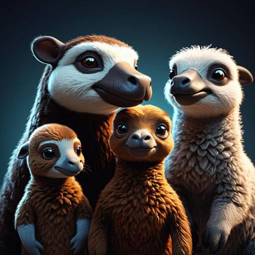 Cartoon Portrait of Platypus, Baby Alpaca, and Young Sloths