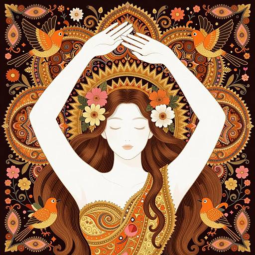 Serene Woman Amidst Ornate Patterns