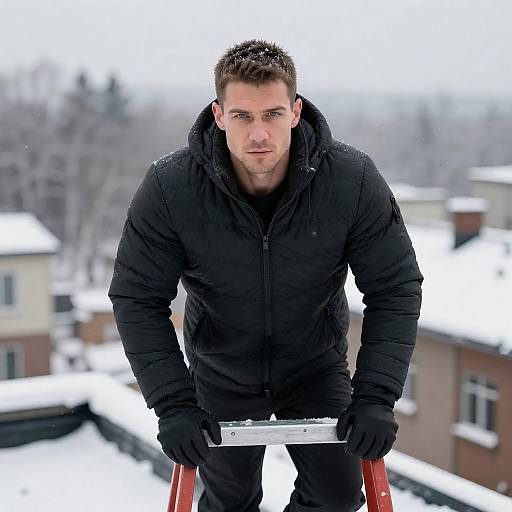 Man on Ladder in Snowy Rooftop