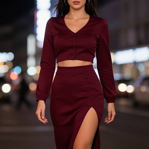Photograph of a woman in a maroon long-sleeve crop top and high-waisted skirt with a thigh-high slit, walking on a