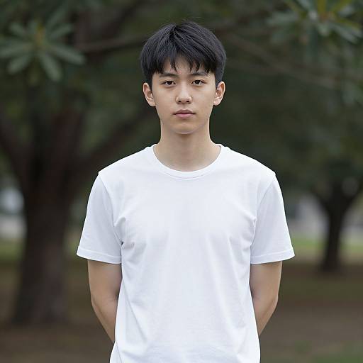 Photograph of a young Asian man with short black hair, wearing a plain white t-shirt, standing outdoors with a blurred green tree background. Neutral expression