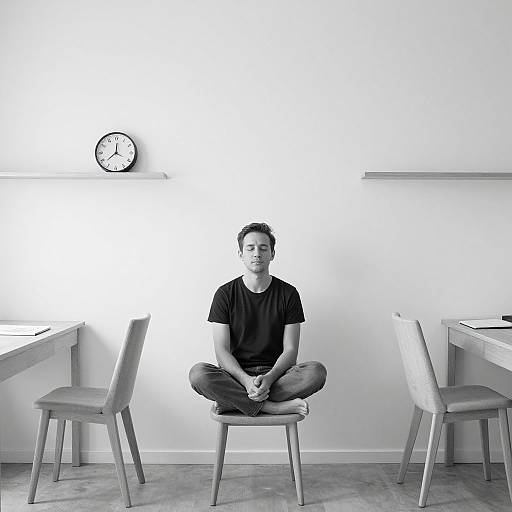 Black-and-white photograph of a young man meditating cross-legged on a chair in a minimalist room with two desks and a clock on the wall.