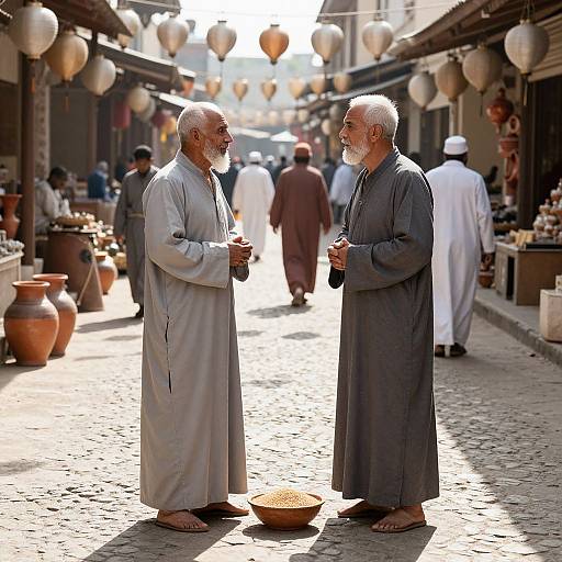 Photograph of two elderly bearded men in white and gray traditional robes, standing on a sunlit, cobblestone market street with hanging lanterns