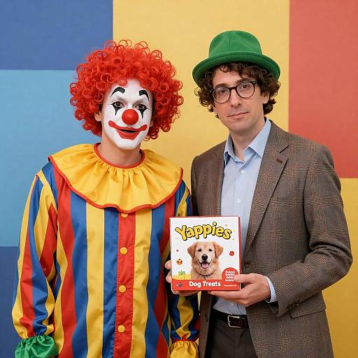 Clown and Man with Yappies Treats