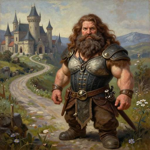 Digital painting of a muscular, bearded Viking warrior with long brown hair, wearing armor and leather, standing before a medieval castle on a winding path through