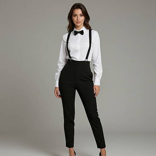 Photograph of a young woman with dark hair, wearing a white shirt, black bow tie, black suspenders, and high-waisted black trousers