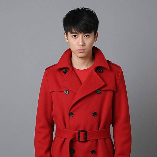 Photograph of an Asian man with short black hair, wearing a bright red double-breasted coat with black buttons and belt, standing against a plain gray
