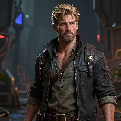 Photorealistic CGI of a rugged, bearded man with messy blonde hair, wearing a black leather jacket over a gray shirt, in a dimly