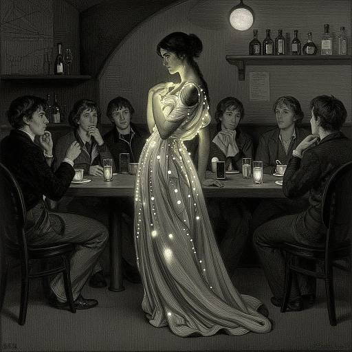 Digital illustration of a woman in a glowing, patterned dress standing in a dimly lit room, surrounded by six men seated at a table with candles