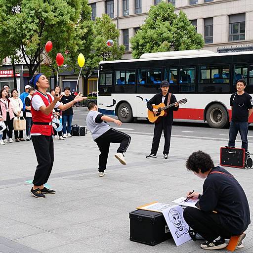 Photograph of street performers in urban setting: man with red shirt juggling balloons, man in white shirt kicking, guitarist, and artist drawing in foreground