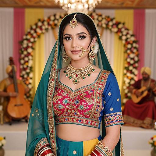 Photograph of a beautiful South Asian bride in a vibrant blue and red embroidered traditional outfit, adorned with gold jewelry, standing in front of a floral arch