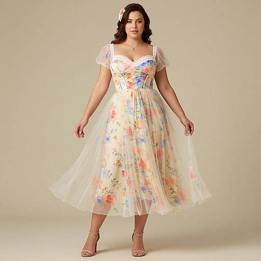 Photograph of a curvy woman with medium brown skin and dark hair, wearing a vintage-style, floral, sheer, knee-length dress with short sleeves
