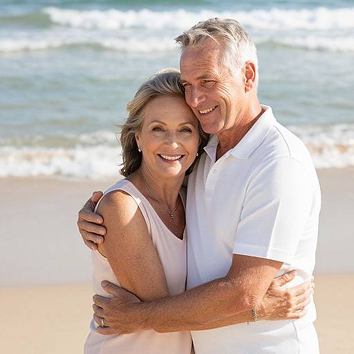Photograph of a smiling middle-aged couple hugging on a sunny beach, with blue ocean waves in the background. Both wear white clothes.