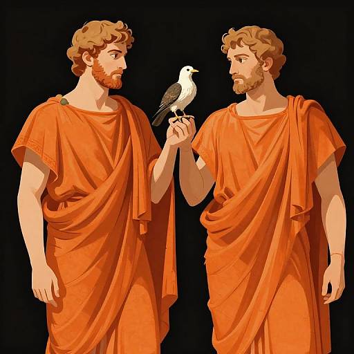 Digital illustration of two bearded, curly-haired men in orange togas, standing against a black background, gazing at a white bird perched on