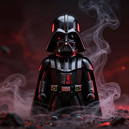 Digital illustration of Darth Vader standing in a smoky, red-lit environment. His black armor glows red, with visible smoke swirling around him.