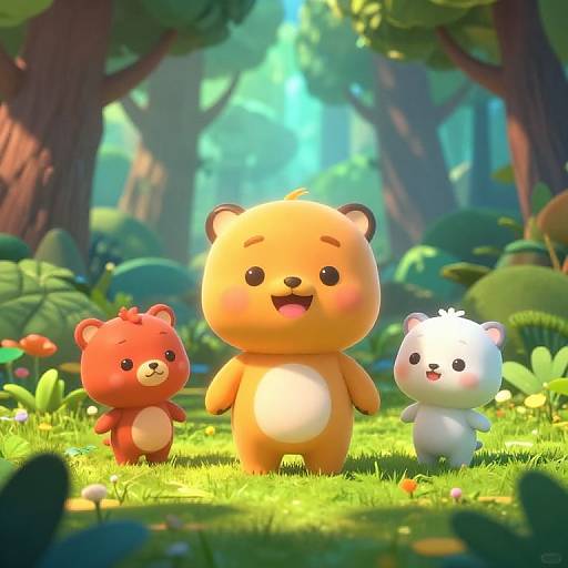 CGI image of three cute, cartoon bears in a sunny forest: one orange, one red, one white, standing on green grass.