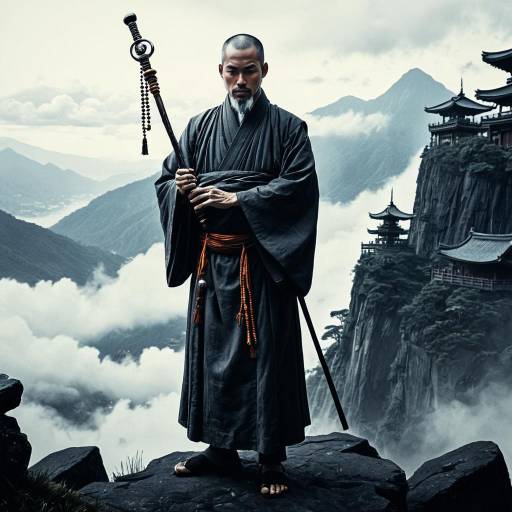 Stoic Monk in Misty Mountain Temple