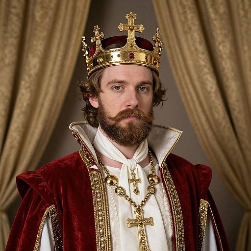 Photograph of a bearded man with fair skin, wearing a gold crown, red velvet robe, white shirt, and gold cross necklace, set against