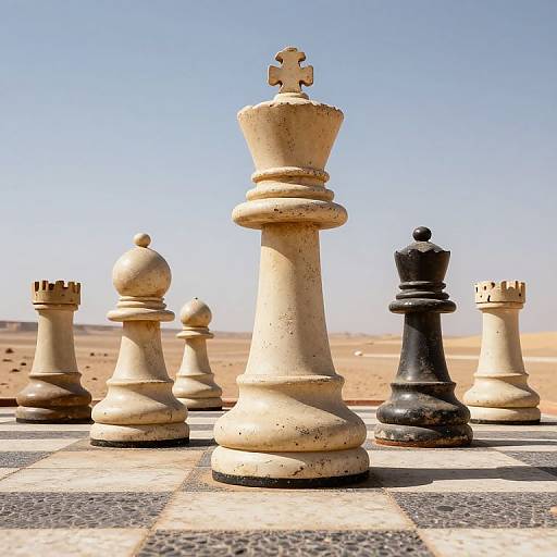 Photograph of large, weathered chess pieces on a checkered board in a desert landscape under a clear blue sky.