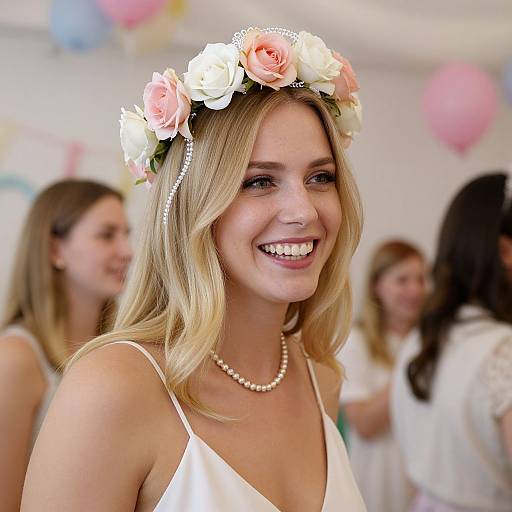 Photograph of a smiling blonde woman with a floral crown, pearl necklace, and white dress at a colorful, festive event.