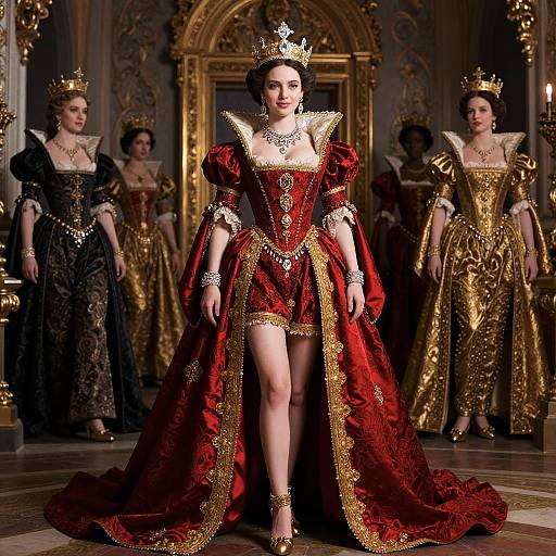 Photograph of a regal fashion show featuring a central queen in a red and gold, ornate, Renaissance-style gown with a crown, surrounded by