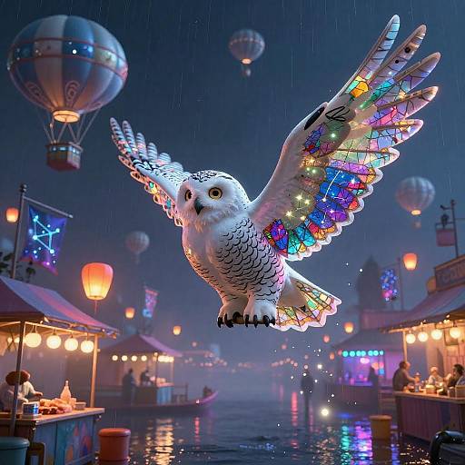 Enchanted Bazaar with Neon Snow Owl