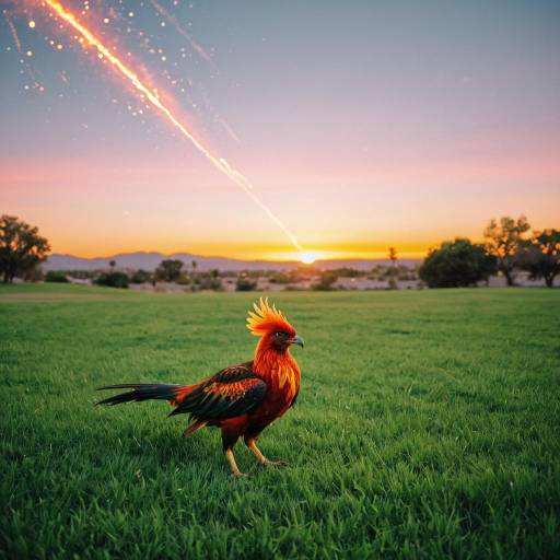 Joyful Tiny Phoenix in Whimsical Landscape