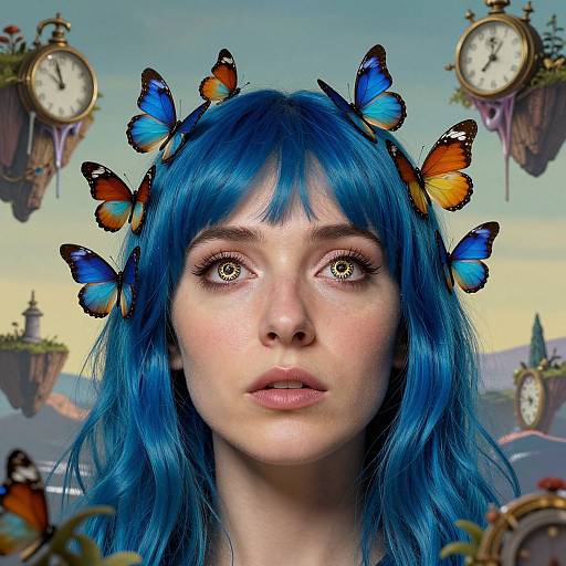 Digital artwork of a fair-skinned woman with vivid blue hair, adorned with blue and orange butterflies, set against a surreal sky with floating clocks.