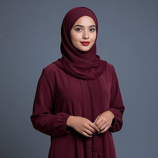 Photograph of a young woman with fair skin, wearing a maroon hijab and matching long-sleeve dress, standing against a solid blue background