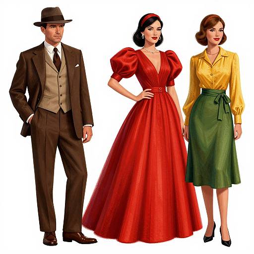 Vintage illustration of a man in brown suit and hat, and two women in red and yellow dresses with green skirt.