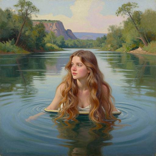 Digital painting of a fair-skinned woman with long, wavy brown hair, topless, waist-deep in a serene river, surrounded by lush