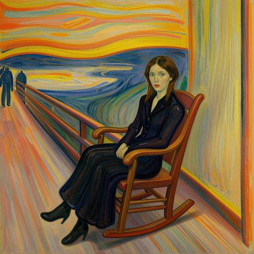 Expressionist painting by Edvard Munch: Woman in black dress sits on wooden chair, vibrant sunset and swirling blue waves in background.