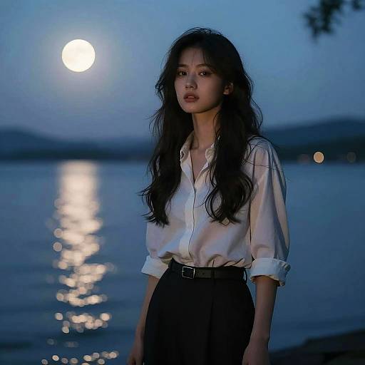Woman by Moonlit Serene Lake
