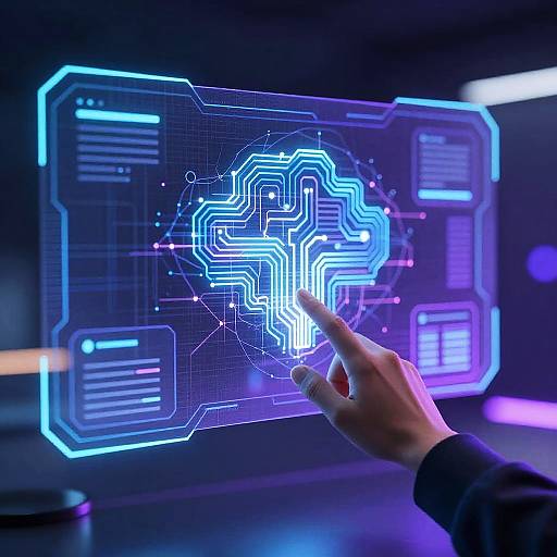 Photograph of a hand touching a glowing, neon-blue, circuit-like hologram on a futuristic, grid-patterned digital screen.