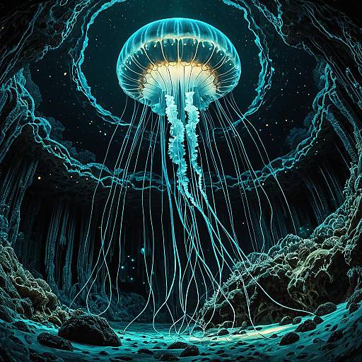 Iridescent Jellyfish in Bioluminescent Underwater Cave
