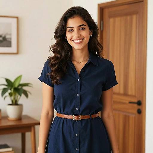 Photograph of a smiling young woman with long dark hair, wearing a navy blue dress and brown belt, standing in a warmly lit room with a wooden