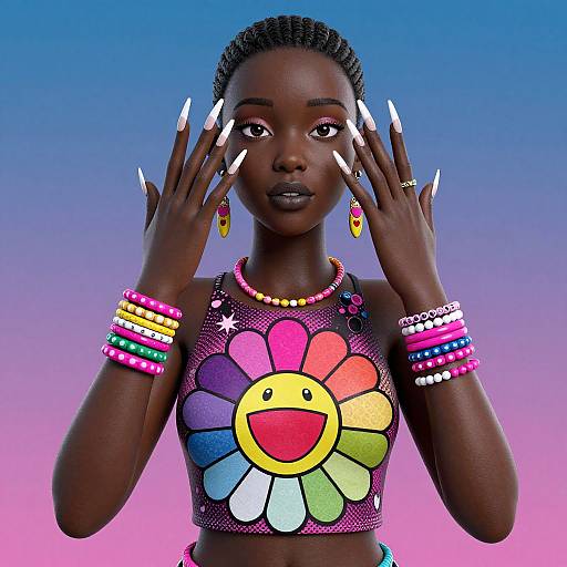 Digital artwork of a dark-skinned woman with braids, wearing colorful flower-patterned top, neon bracelets, and long white nails, against a gradient
