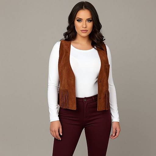 Photograph of a curvy woman with long black hair, wearing a white long-sleeve top, brown suede fringe vest, and dark brown pants