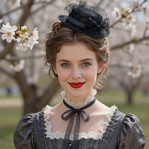 Photograph of a fair-skinned woman with red lipstick, dark brown curly hair, wearing a black lace dress and hat, against a blurred spring backdrop