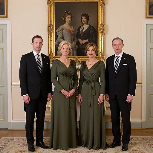Photograph of four formally dressed individuals (two men, two women) in black suits and green dresses, standing in elegant room with framed portrait behind them
