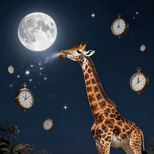 Digital art of a giraffe gazing at a full moon, with floating clocks emitting stars from its breath, against a starry night sky.