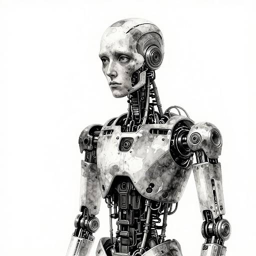 Black-and-white digital illustration of a humanoid robot with intricate mechanical joints, exposed wires, and a stern expression, set against a white background.