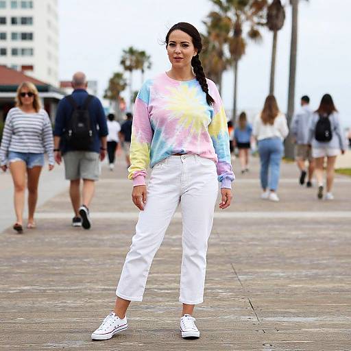 Photograph of a woman with long black hair, wearing a colorful tie-dye sweater, white pants, and white sneakers, walking on a sunny,