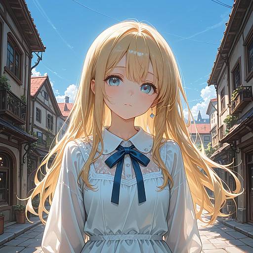 Blonde Girl in White Dress in European Town